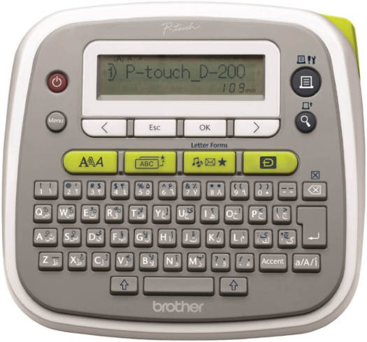 Brother  PT-D200 Thermal Transfer Label Printer, Up to 12 mm Labels, 20mm / sec Print Speed, 180 dpi, Graphical Display, ENG, ARB, Farsi QWERTY, For Home & Small Office | PTD200AR