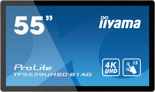 iiyama ProLite TF5539UHSC-B1AG Interactive Display, 55" 4K UHD IPS LED Display, 60Hz Refresh Rate, 8ms (GtG) Response Time, Projective Capacitive, 6mm Through Glass, Black | TF5539UHSC-B1AG