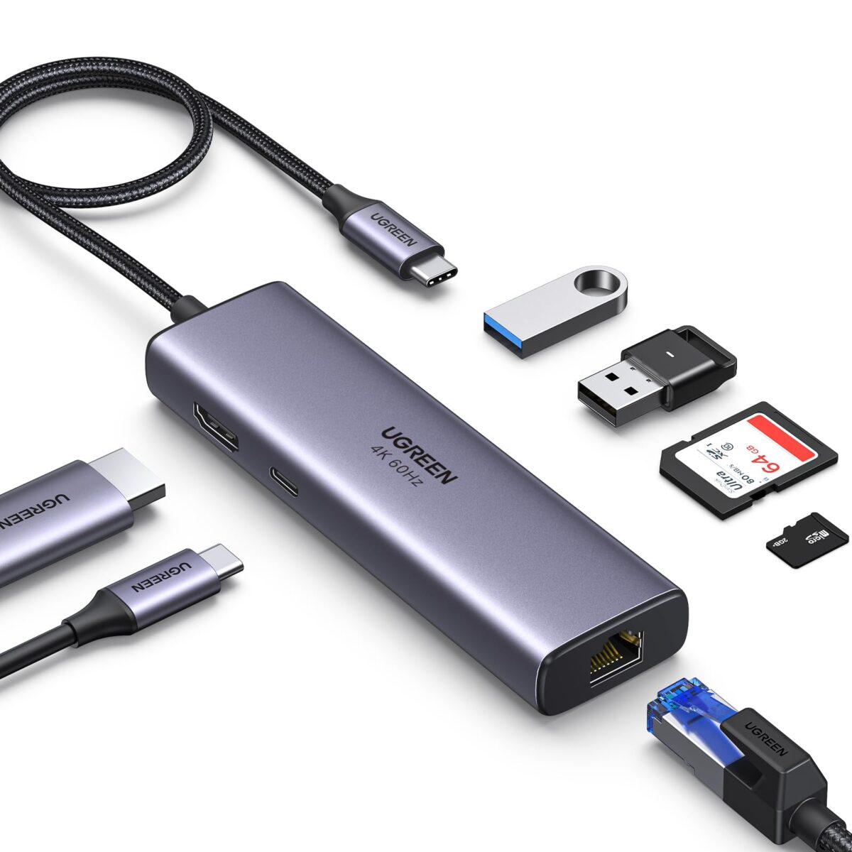 UGREEN USB-C to 2*USB3.0+HDMI+RJ45+SD&TF +PD port Converter (7-in-1